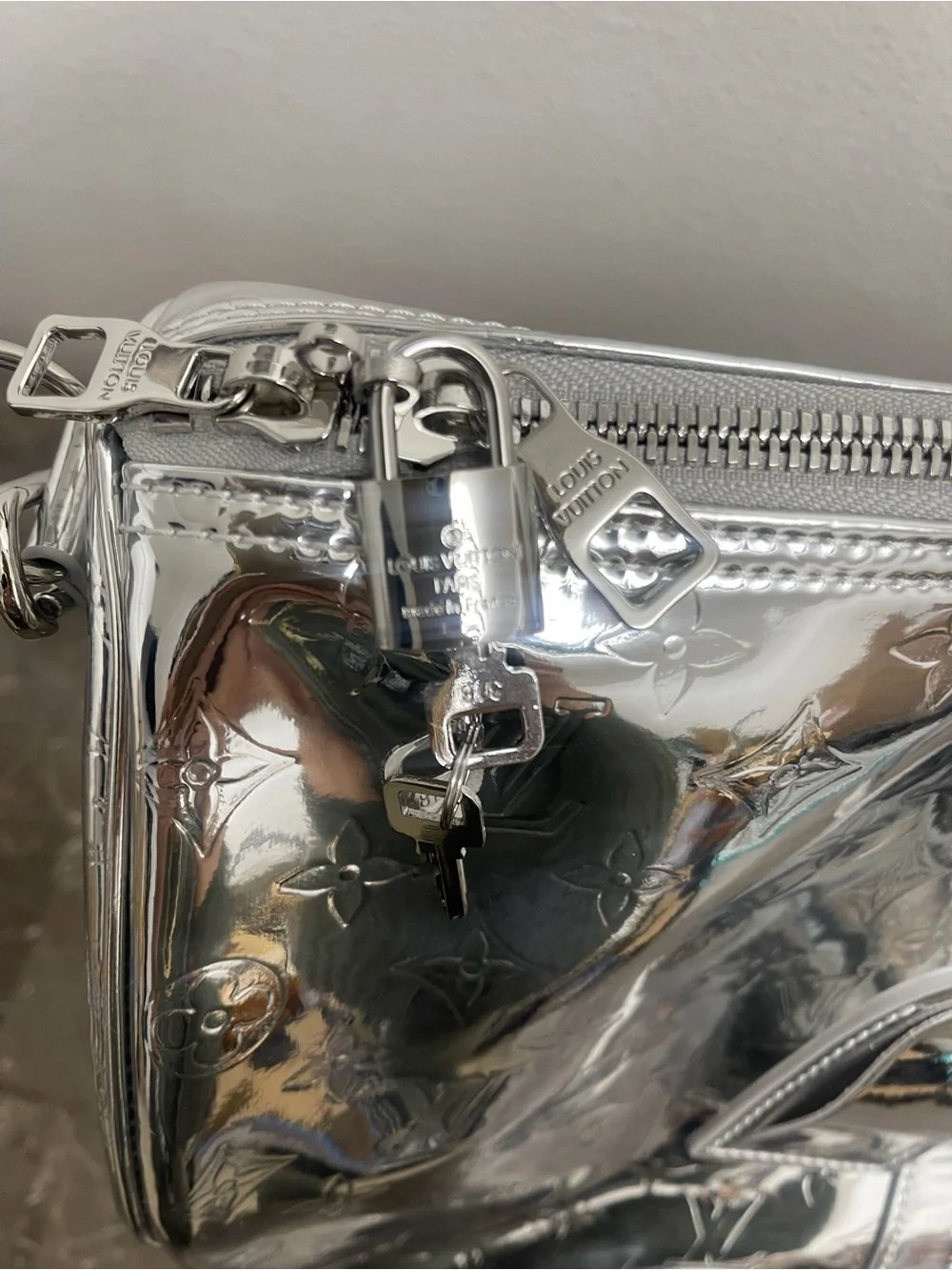 Silver Duffle Handbag Zip Closure Silver Hardware Inner Pocket